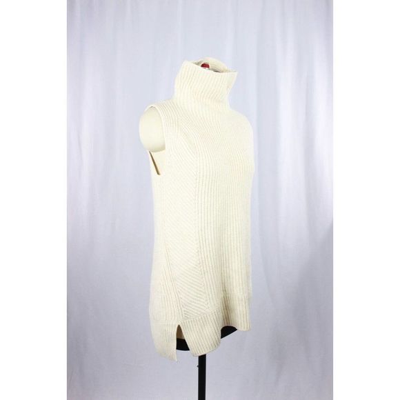 VINCE Ivory Cream Wool Cashmere Rib Knit Sleeveless Turtleneck Sweater, Size S - Picture 4 of 13